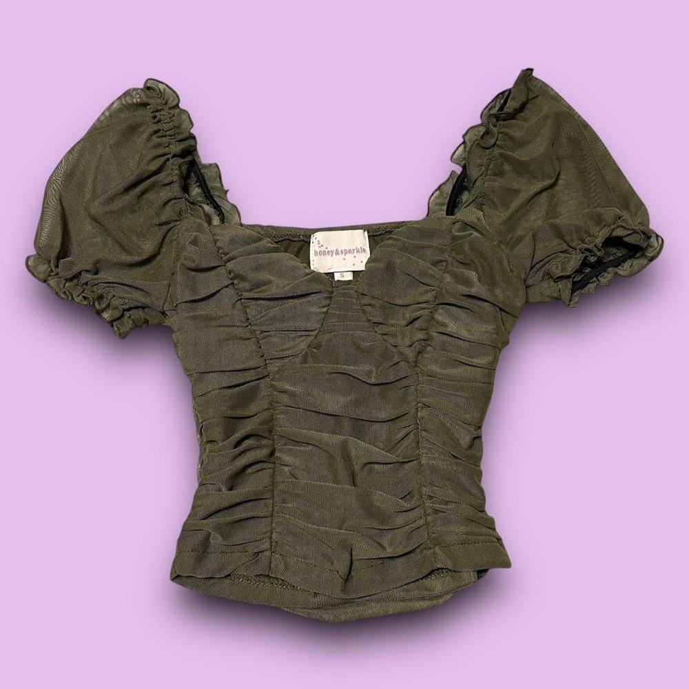Olive Green Mesh Puff Sleeve Top Size Small Going Out Downtown Girl Fairycore